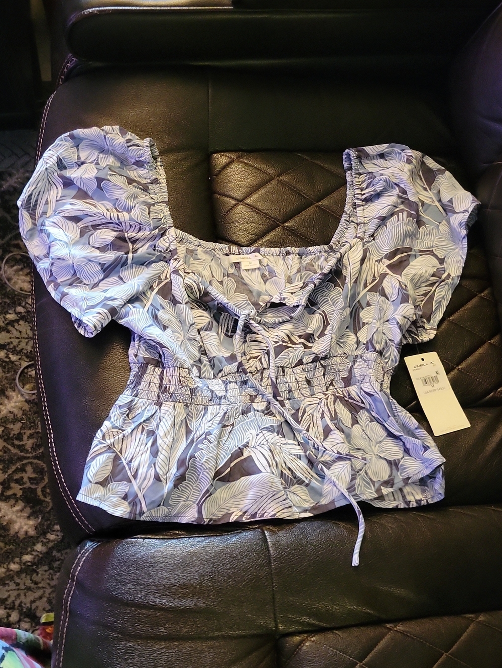 O'Neill Blue Floral Smocked Puff-Sleeve Peplum Top